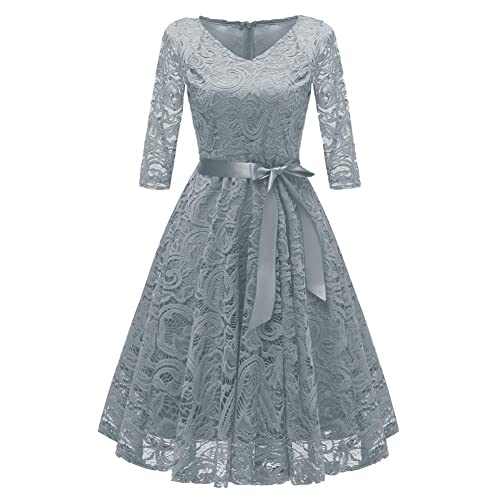 Odizli Abendkleider Elegant für Hochzeit Cocktailkleid Damen 3/4 Ärmel V-Ausschnitt Knielang Blume Spitzenkleid Vintage Festlich Hochzeitsgast Kurz Ballkleid Abschlusskleid Brautkleid Grau L von Odizli