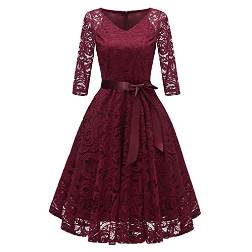 Odizli Abendkleider Elegant für Hochzeit Cocktailkleid Damen 3/4 Ärmel V-Ausschnitt Knielang Blume Spitzenkleid Vintage Festlich Hochzeitsgast Kurz Ballkleid Abschlusskleid Brautkleid Weinrot M von Odizli