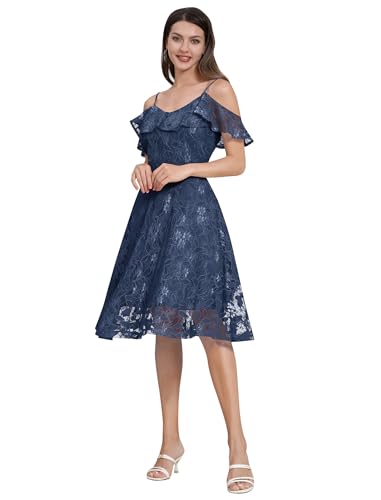Odizli Abendkleider Elegant für Hochzeit Damen 50er Jahre Rockabilly Spaghetti Ärmellos V-Ausschnitt Swing Kleid Blume Spitzenkleid Festlich Hochzeitsgäste Cocktailkleid Kurz Ballkleid Dunkelblau M von Odizli