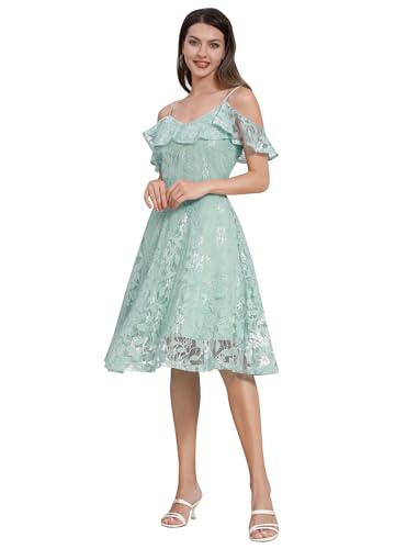 Odizli Abendkleider Elegant für Hochzeit Damen 50er Jahre Rockabilly Spaghetti Ärmellos V-Ausschnitt Swing Kleid Blume Spitzenkleid Festlich Hochzeitsgäste Cocktailkleid Kurz Ballkleid Grün L von Odizli