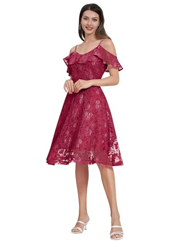 Odizli Abendkleider Elegant für Hochzeit Damen 50er Jahre Rockabilly Spaghetti Ärmellos V-Ausschnitt Swing Kleid Blume Spitzenkleid Festlich Hochzeitsgäste Cocktailkleid Kurz Ballkleid Rot M von Odizli