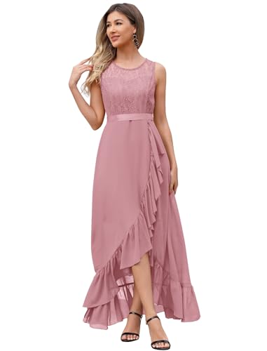 Odizli Abendkleider Elegant für Hochzeit Damen Ärmellos Spitze Chiffonkleid Festlich Hochzeitsgast Vokuhila Kleid Lang Ballkleider Brautjungfernkleider Abschlusskleid Abschlussballkleid Rosa M von Odizli