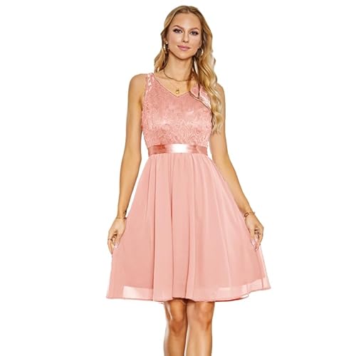 Odizli Abendkleider Elegant für Hochzeit Damen Ärmellos V-Ausschnitt Spitze Chiffonkleid Festlich Hochzeitsgast Cocktailkleid Abschlusskleid Kurz Ballkleid Partykleid Sommer Knielang Kleid Rosa L von Odizli