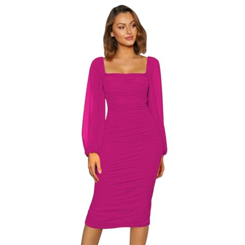 Odizli Abendkleider Elegant für Hochzeit Damen Mesh Langarm Sexy Enges Bodycon Etuikleid Midikleid Festliche Hochzeitsgäste Partykleid Silvester Party Abschlussballkleid Lang Ballkleider Rosenrot XL von Odizli