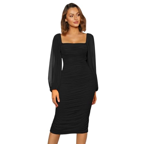 Odizli Abendkleider Elegant für Hochzeit Damen Mesh Langarm Sexy Enges Bodycon Etuikleid Midikleid Festliche Hochzeitsgäste Partykleid Silvester Party Abschlussballkleid Lang Ballkleider Schwarz M von Odizli