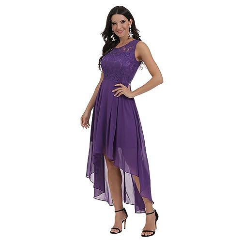 Odizli Abendkleider Elegant für Hochzeit Damen Rockabilly 50er Jahre Ärmellos Spitze Chiffonkleid Festlich Hochzeitsgast Abschlusskleid Cocktailkleid Vokuhila Kleid Kurz Ballkleid B#Lila L von Odizli