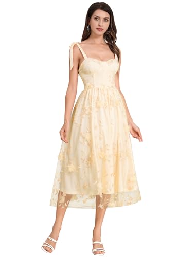 Odizli Abendkleider Elegant für Hochzeit Damen Sommer Spaghettiträger Corset Korsett Blumenkleid Tüllkleid Midi Kleid Festlich Hochzeitsgäste Lang Ballkleid Sommerkleid Milkmaid Sundress Gelb M von Odizli