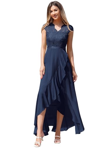 Odizli Abendkleider Elegant für Hochzeit Damen V-Ausschnitt Spitze Chiffonkleid Festlich Hochzeitsgast Vokuhila Kleid Cocktailkleid Lang Ballkleider Abschlusskleid Abschlussballkleid Dunkelblau XL von Odizli