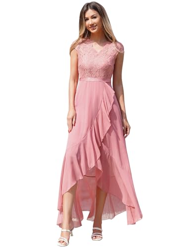 Odizli Abendkleider Elegant für Hochzeit Damen V-Ausschnitt Spitze Chiffonkleid Festlich Hochzeitsgast Vokuhila Kleid Cocktailkleid Lang Ballkleider Abschlusskleid Abschlussballkleid Rosa M von Odizli