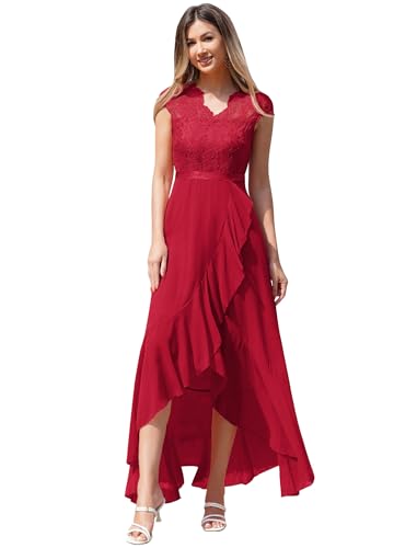 Odizli Abendkleider Elegant für Hochzeit Damen V-Ausschnitt Spitze Chiffonkleid Festlich Hochzeitsgast Vokuhila Kleid Cocktailkleid Lang Ballkleider Abschlusskleid Brautmutterkleider Rot L von Odizli