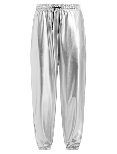 Odizli Alien Kostüm Herren Glitzer Metallic Hose 70er 80er 90er Jahre Kleidung Outfit Hologramm Hip Hop Leggings Jogginghose Sweathose Tanzhosen Party Disco Festival Rave Clubwear Silber XXL von Odizli