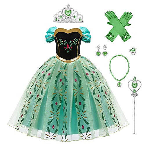 Odizli Anna Kostüm Mädchen Frozen ELSA Eiskönigin 2 Verkleidung Prinzessin Kleid Halloween Weihnachten Karneval Faschings Geburtstag Party Cosplay Blumen Stickerei Partykleid A#Grün 7PCS 3-4 Jahre von Odizli