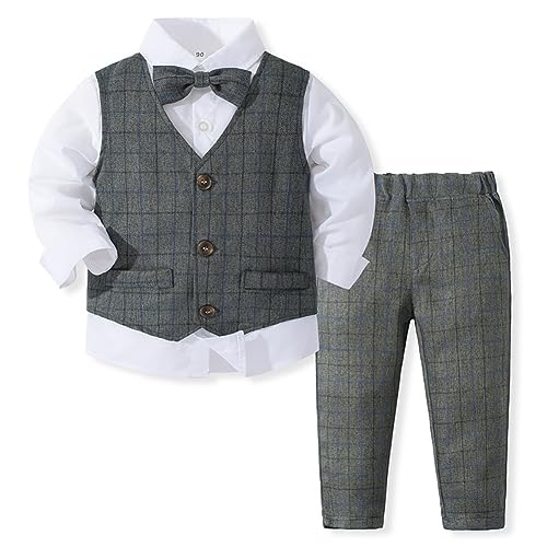 Odizli Anzug Kinder Jungen Festlich Hochzeit Einschulung Kleidung Set Gentleman Langarm Hemd + Weste + Hose + Fliege 4tlg Outfit Geburtstag Taufkleidung Herbst Kinderanzüge Grau Streifen 18-24 Monate von Odizli