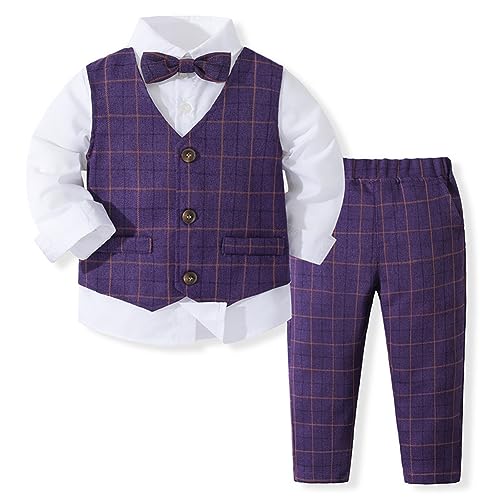 Odizli Anzug Kinder Jungen Festlich Hochzeit Einschulung Kleidung Set Gentleman Langarm Hemd + Weste + Hose + Fliege 4tlg Outfit Geburtstag Taufkleidung Herbst Kinderanzüge Lila Streifen 2-3 Jahre von Odizli