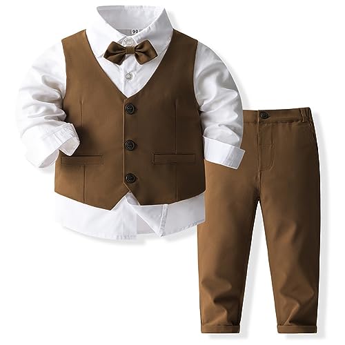 Odizli Anzug Kinder Jungen Festlich Hochzeit Einschulung Kleidung Set Gentleman Langarm Hemd + Weste + Hose + Fliege 4tlg Outfit Geburtstag Taufkleidung Herbst Winter Kinderanzüge Braun 5-6 Jahre von Odizli