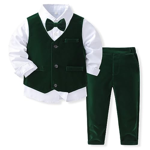 Odizli Anzug Kinder Jungen Festlich Hochzeit Einschulung Kleidung Set Gentleman Langarm Hemd + Weste + Hose + Fliege 4tlg Outfit Geburtstag Taufkleidung Winter Kinderanzüge Dunkelgrün 2-3 Jahre von Odizli