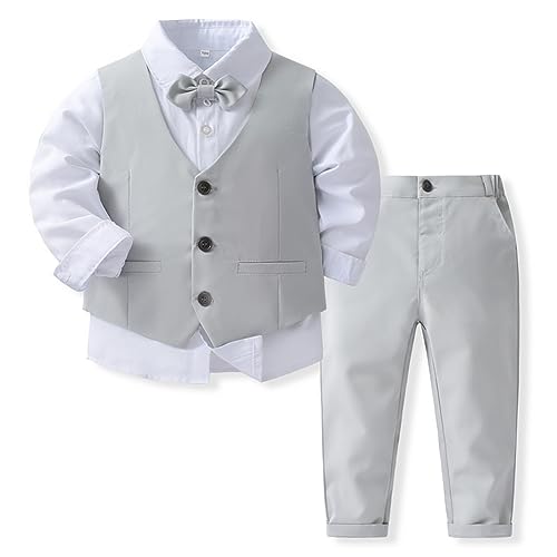 Odizli Anzug Kinder Jungen Festlich Hochzeit Einschulung Kleidung Set Gentleman Langarm Hemd + Weste + Hose + Fliege 4tlg Outfit Geburtstag Taufkleidung Herbst Winter Kinderanzüge Grau 18-24 Monate von Odizli