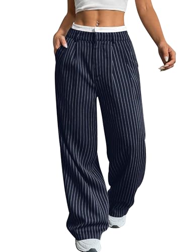 Odizli Anzughose Damen Elegant Sommer Leicht High Waist Gestreifte Baggy Bequeme Wide Leg Palazzo Weite Business Paperbag Hose Stoffhose Marlenehose Sommerhose Freizeithose Damenhose Dunkelblau S von Odizli