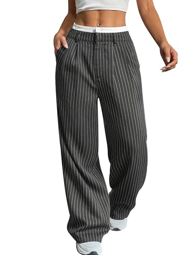 Odizli Anzughose Damen Elegant Sommer Leicht High Waist Gestreifte Baggy Bequeme Wide Leg Palazzo Weite Business Paperbag Hose Stoffhose Marlenehose Sommerhose Freizeithose Damenhose Grau M von Odizli