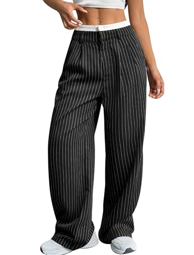 Odizli Anzughose Damen Elegant Sommer Leicht High Waist Gestreifte Baggy Bequeme Wide Leg Palazzo Weite Business Paperbag Hose Stoffhose Marlenehose Sommerhose Freizeithose Damenhose Schwarz M von Odizli