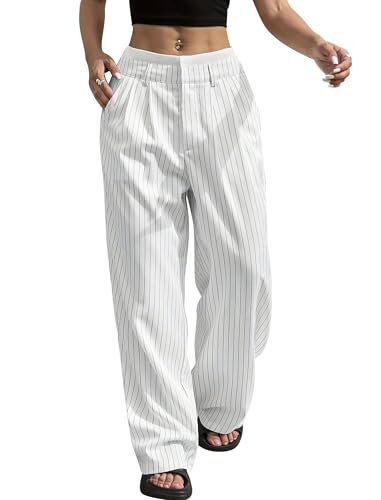 Odizli Anzughose Damen Elegant Sommer Leicht High Waist Gestreifte Baggy Bequeme Wide Leg Palazzo Weite Business Paperbag Hose Stoffhose Marlenehose Sommerhose Freizeithose Damenhose Weiß XXL von Odizli