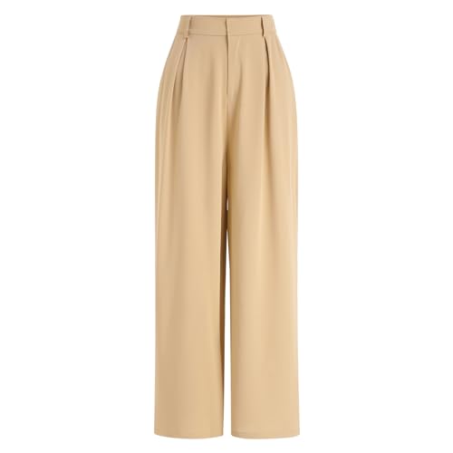 Odizli Anzughose Damen Stoffhose Elegant High Waist Baggy Culottes Palazzo Hosenrock Lang Wide Leg Weite Hose Sommer Marlenehose Bundfaltenhose Business Festlich Schlupfhose mit Taschen Aprikose 3XL von Odizli