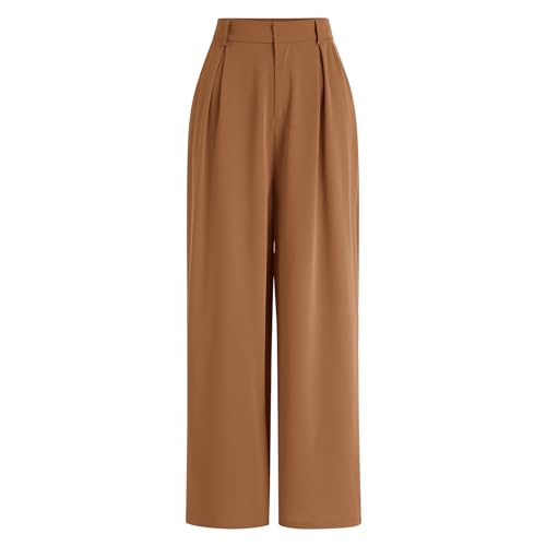 Odizli Anzughose Damen Stoffhose Elegant High Waist Baggy Culottes Palazzo Hosenrock Lang Wide Leg Weite Hose Sommer Marlenehose Bundfaltenhose Business Festlich Schlupfhose mit Taschen Braun 3XL von Odizli