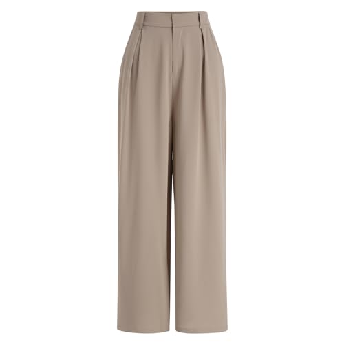 Odizli Anzughose Damen Stoffhose Elegant High Waist Baggy Culottes Palazzo Hosenrock Lang Wide Leg Weite Hose Sommer Marlenehose Bundfaltenhose Business Festlich Schlupfhose mit Taschen Khaki 3XL von Odizli