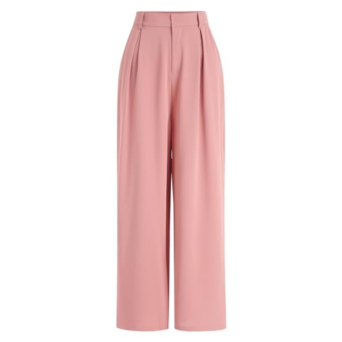 Odizli Anzughose Damen Stoffhose Elegant High Waist Baggy Culottes Palazzo Hosenrock Lang Wide Leg Weite Hose Sommer Marlenehose Bundfaltenhose Business Festlich Schlupfhose mit Taschen Rosa 3XL von Odizli