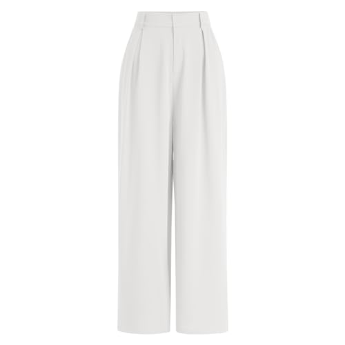 Odizli Anzughose Damen Stoffhose Elegant High Waist Baggy Culottes Palazzo Hosenrock Lang Wide Leg Weite Hose Sommer Marlenehose Bundfaltenhose Business Festlich Schlupfhose mit Taschen Weiß 3XL von Odizli