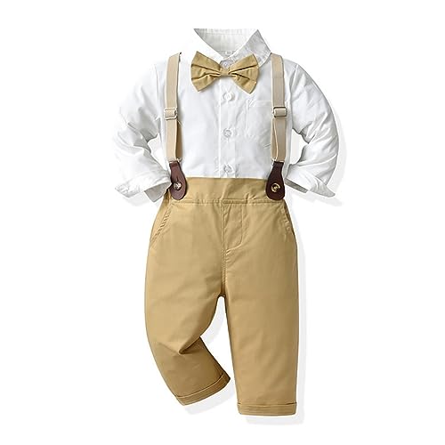 Odizli Baby Anzug Junge Hochzeit Festlich Kinder Langarm Hemd+Fliege+Hosenträger+Hose 4tlg Kleidung Set Bekleidungssets Taufanzug Taufkleidung Einschulung Outfit Kinderanzüge Khaki 4-5 Jahre von Odizli