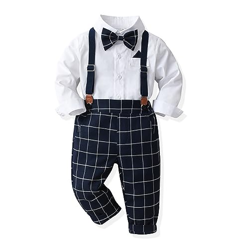 Odizli Baby Anzug Junge Hochzeit Festlich Kinder Langarm Hemd+Fliege+Hosenträger+Hose 4tlg Kleidung Set Bekleidungssets Taufanzug Taufkleidung Einschulung Outfit Kinderanzüge Marineblau 12-18 Monate von Odizli