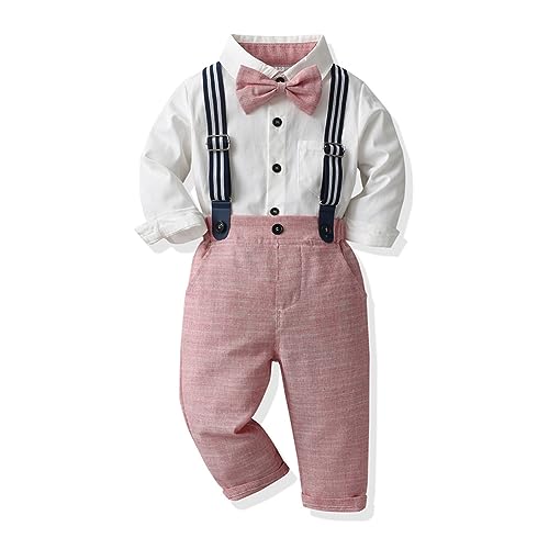 Odizli Baby Anzug Junge Hochzeit Festlich Kinder Langarm Hemd+Fliege+Hosenträger+Hose 4tlg Kleidung Set Bekleidungssets Taufanzug Taufkleidung Einschulung Outfit Kinderanzüge Rosa 18-24 Monate von Odizli