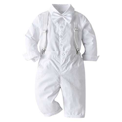 Odizli Baby Anzug Junge Neugeborenen kinder kleidung Langarm Hemd+Hosenträger+Fliege+Hosen 4tlg Bekleidungssets Gentleman Hochzeit Festliche Taufe Geburtstag Set Fotoshooting Weiß 12-18 Monate von Odizli