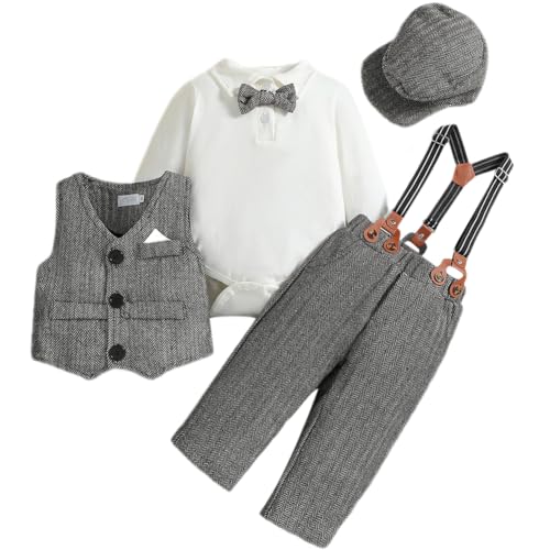 Odizli Baby Anzug Junge Taufanzug Langarm Strampler Body+Hosentr�ger Hose+Weste+Fliege+M�tze 5tlg Bekleidungssets Hochzeit Festlich Babykleidung Taufbekleidung Fotoshooting Grau 6-12 Monate von Odizli