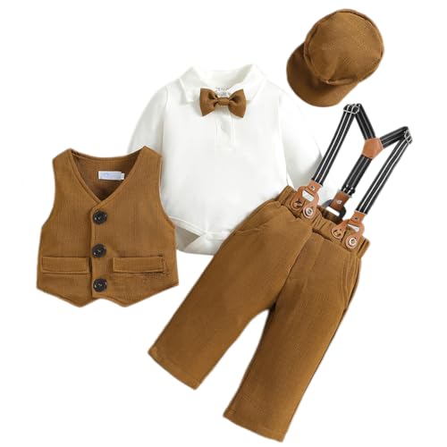 Odizli Baby Anzug Junge Taufanzug Langarm Strampler Body+Hosentr�ger Hose+Weste+Fliege+M�tze 5tlg Bekleidungssets Hochzeit Festlich Babykleidung Taufbekleidung Fotoshooting Khaki 12-18 Monate von Odizli