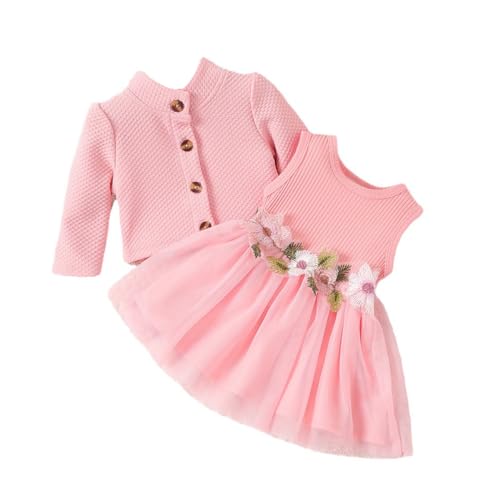 Odizli Baby Kleid Mädchen Ärmellos Blume Sommerkleid + Cardigan 1. Geburtstag Outfit Neugeborene Erstausstattung Babysachen Set Herbst Babykleidung Taufkleid Fotoshooting Dunkelrosa 18-24 Monate von Odizli