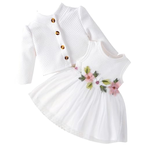 Odizli Baby Kleid Mädchen Ärmellos Blume Sommerkleid + Cardigan Erster 1. Geburtstag Outfit Neugeborene Erstausstattung Babysachen Set Herbst Babykleidung Taufkleid Fotoshooting Weiß 9-12 Monate von Odizli