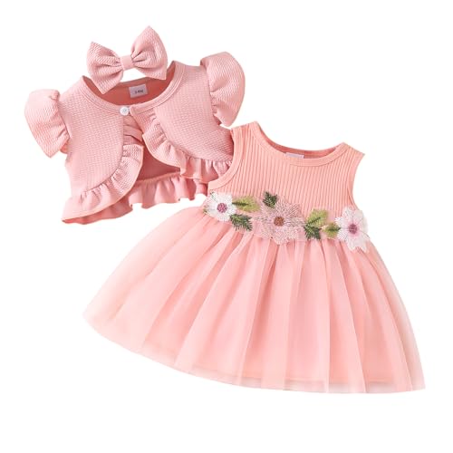 Odizli Baby Kleid Mädchen Ärmellos Blume Sommerkleid Tüllkleid + Bolero + Stirnband 1. Geburtstag Outfit Neugeborene Erstausstattung Babysachen Set Sommer Babykleidung Taufkleid Rosa 6-9 Monate von Odizli