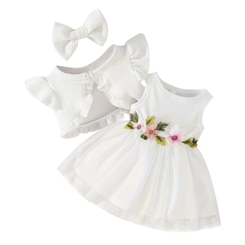 Odizli Baby Kleid Mädchen Ärmellos Blume Sommerkleid Tüllkleid + Bolero + Stirnband 1. Geburtstag Outfit Neugeborene Erstausstattung Babysachen Set Sommer Babykleidung Taufkleid Weiß 9-12 Monate von Odizli