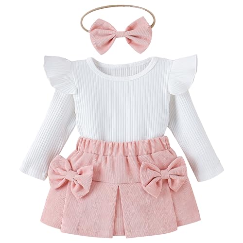 Odizli Baby Kleidung M�dchen Baumwolle Langarm Gerippt Pullover Top + Rock + Stirnband 3tlg Bekleidungssets Neugeborene Erstausstattung Babysachen Set Herbst Winter Babykleidung Rosa 6-9 Monate von Odizli