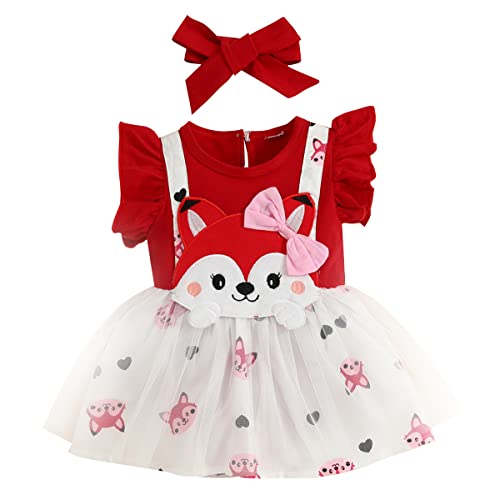 Odizli Baby Kleidung Mädchen Baumwolle Fuchs Kurzarm Strampler Tutu Kleid Tüllkleid+Stirnband 2tlg Bekleidungssets Neugeborene Erstausstattung Babysachen Set Sommer Babykleidung Rot 0-3 Monate von Odizli