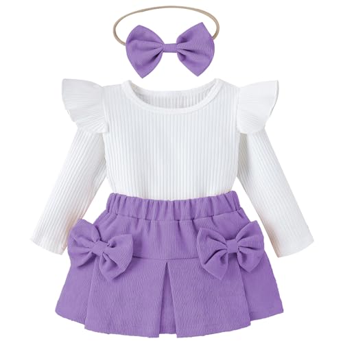 Odizli Baby Kleidung Mädchen Baumwolle Langarm Gerippt Pullover Top + Rock + Stirnband 3tlg Bekleidungssets Neugeborene Erstausstattung Babysachen Set Herbst Winter Babykleidung Lila 12-18 Monate von Odizli