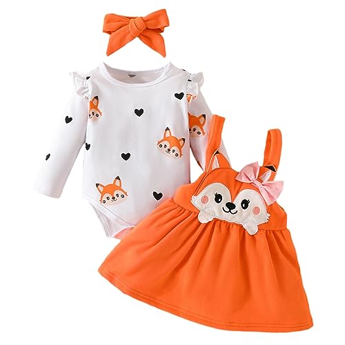 Odizli Baby Kleidung Mädchen Baumwolle Langarm Strampler+Träger Tutu Kleid+Stirnband Bekleidungssets Neugeborene Erstausstattung Babysachen Set Herbst Winter Babykleidung Orange Fuchs 12-18 Monate von Odizli