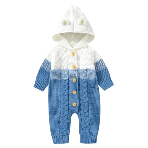 Odizli Baby Kleidung Mädchen Jungen Langarm Gestrickt Kapuze Strampler Body Overall Jacke Frühchenkleidung Neugeborene Erstausstattung Babysachen Set Herbst Winter Babykleidung Blau 3-6 Monate von Odizli