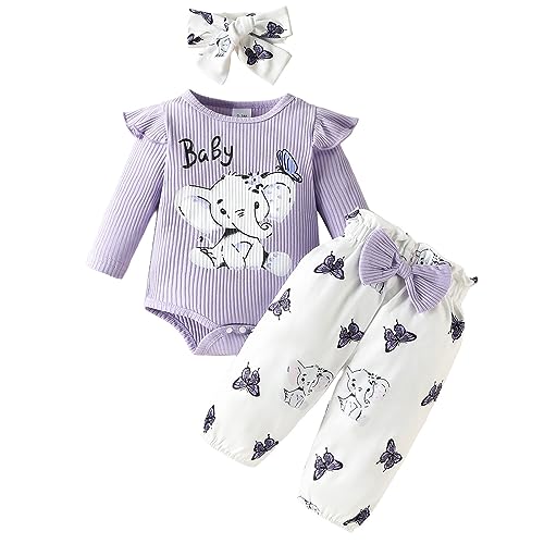 Odizli Baby Kleidung Mädchen Langarm Rüschen Strampler Body + Hose + Stirnband 3tlg Bekleidungssets Neugeborene Erstausstattung Babysachen Set Herbst Winter Babykleidung Lila Elefant 0-3 Monate von Odizli