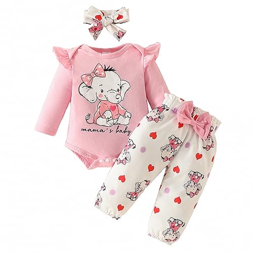 Odizli Baby Kleidung Mädchen Langarm Rüschen Strampler Body + Hose + Stirnband 3tlg Bekleidungssets Neugeborene Erstausstattung Babysachen Set Herbst Winter Babykleidung Rosa Elefant 0-3 Monate von Odizli