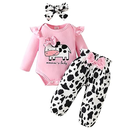 Odizli Baby Kleidung Mädchen Langarm Rüschen Strampler Body + Hose + Stirnband 3tlg Bekleidungssets Neugeborene Erstausstattung Babysachen Set Herbst Winter Babykleidung Rosa Kuh 6-9 Monate von Odizli