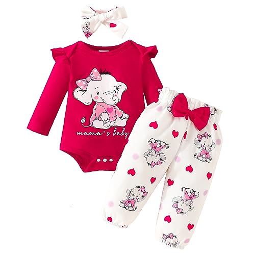 Odizli Baby Kleidung Mädchen Langarm Rüschen Strampler Body + Hose + Stirnband 3tlg Bekleidungssets Neugeborene Erstausstattung Babysachen Set Herbst Winter Babykleidung Rot Elefant 0-3 Monate von Odizli