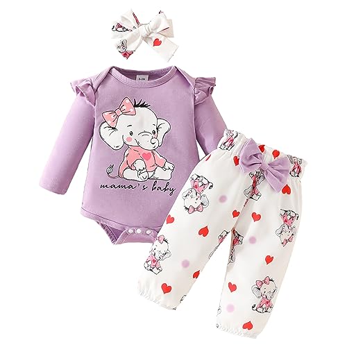 Odizli Baby Kleidung Mädchen Langarm Rüschen Strampler Body + Hose + Stirnband 3tlg Bekleidungssets Neugeborene Erstausstattung Babysachen Set Herbst Winter Babykleidung Violet Elefant 0-3 Monate von Odizli